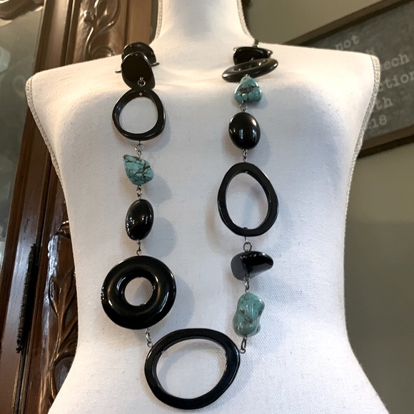 Chicos Black and Turquoise stone 21 inch necklace with silver accents. - Picture 1 of 12